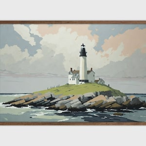 Vintage Lighthouse Landscape Painting, Instant Download Print, Coastal Wall Art, Nautical Decor, Digital Watercolor Art