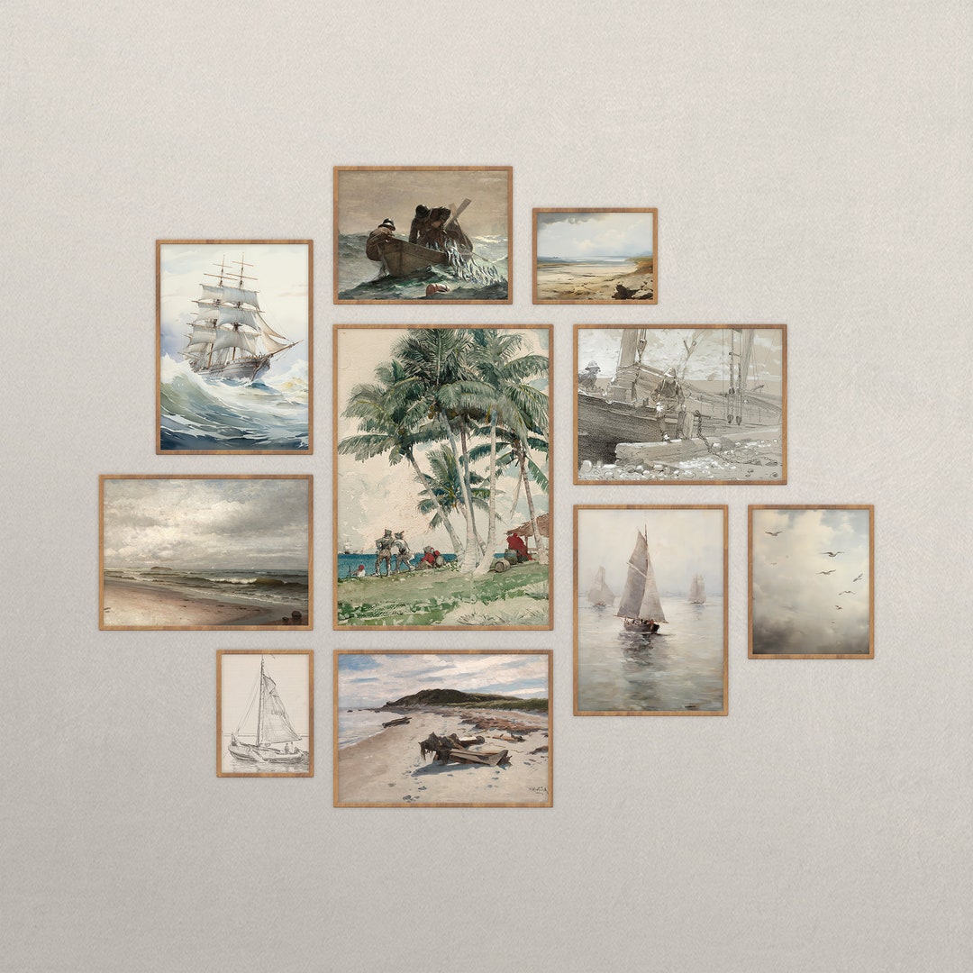 Vintage Beach Wall Art Set of 10 Prints Coastal Art Prints Nautical Wall Art Summer Gallery Wall
