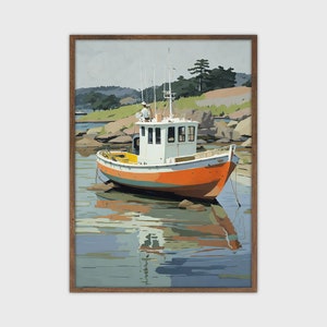 May include: A white and orange fishing boat with a wooden frame is moored in a calm body of water. The boat is surrounded by green trees and rocks. The sky is blue and the water is a light blue.