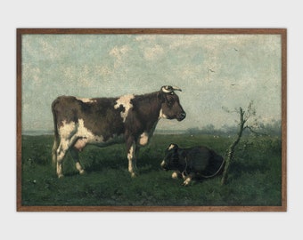 Cows in Field Vintage Painting: Farmhouse Landscape Art (Digital Download)