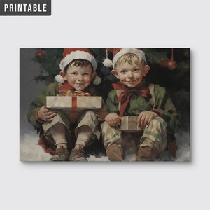 Pintura de elfos navideños imprimible - Obras de arte de elfos navideños para decoración festiva