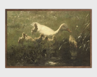 Pintura de paisaje de primavera Impresión vintage Pintura de pato de granja IMPRIMIBLE