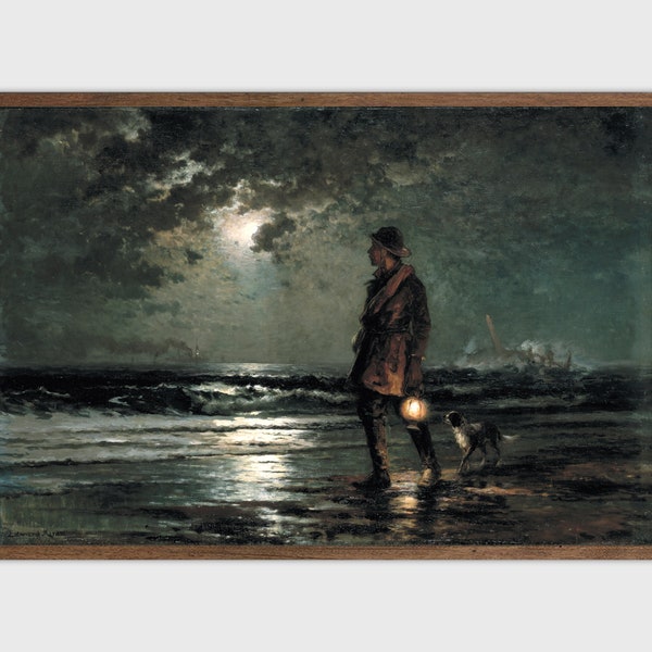 Moody Coastal Print Vintage Seascape Oil Painting Rustic Printable Art