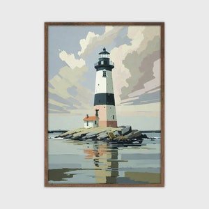 Charming Lighthouse Painting - Nautical Coastal Wall Art Print - Instant Download