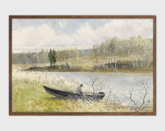 Impresión de lago rústico, pintura al óleo costera Vintage, arte Digital imprimible antiguo