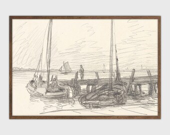 Dibujo a lápiz de velero antiguo Decoración vintage de la casa del lago IMPRIMIBLE