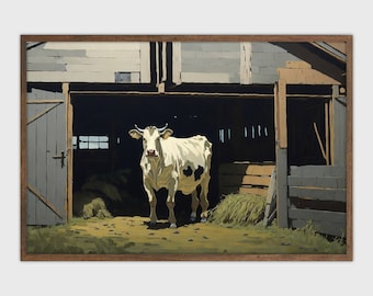 Vintage Cow in Barn Painting, Rustic Farmhouse Wall Art, Instant Download Print