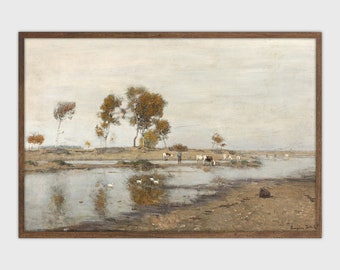 Cows in Field Vintage Painting: Farmhouse Landscape Art (Digital Download)