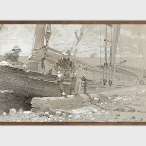 Antique Sailboat Pencil Sketch Vintage Lake House Decor PRINTABLE Art