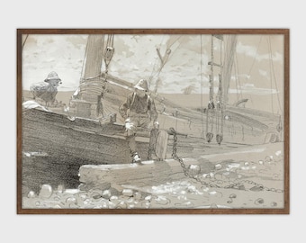 Antique Sailboat Pencil Sketch Vintage Lake House Decor PRINTABLE Art