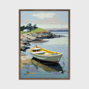 May include: A yellow and white wooden boat sits in calm blue water near a rocky shore. The boat is tied to a dock with a rope. The shore is covered in green grass and trees. The sky is a light blue with white clouds.