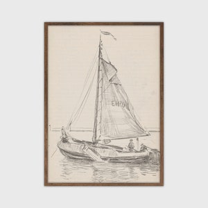Antique Sailboat Pencil Sketch Vintage Lake House Decor PRINTABLE
