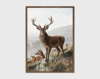 Pintura de ciervos rústicos Impresión vintage Pintura de paisaje Decoración de cabina Arte imprimible
