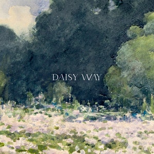 Op de afbeelding: Een aquarel schilderij van een veld met witte bloemen met een donkergroen bos op de achtergrond. De tekst "DAISY WAY" staat in witte letters in het midden van de afbeelding.