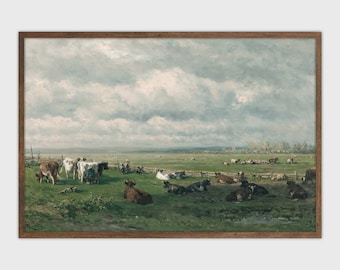 Cows in Field Vintage Painting: Farmhouse Landscape Art (Digital Download)