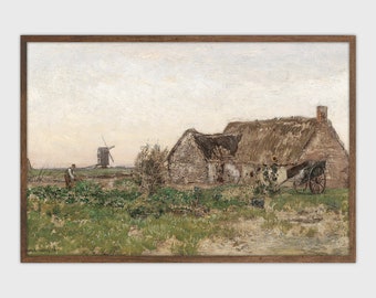 Dutch Farmhouse Windmill Painting Holland Countryside Art Printable Farm Landscape Decor