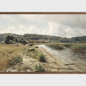 Lake Landscape Painting Vintage Art Print Cows Printable Wall Decor