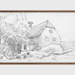 May include: A black and white pencil sketch of a house with a large tree in the foreground. The house has a pitched roof and two windows. The tree is drawn with thick, expressive lines.