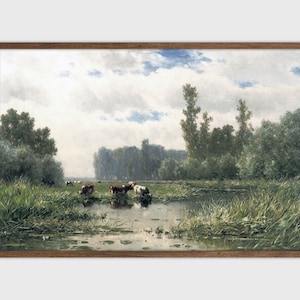 Cows in Field Vintage Landscape Painting: Farmhouse Cottage Wall Art (Digital Download)