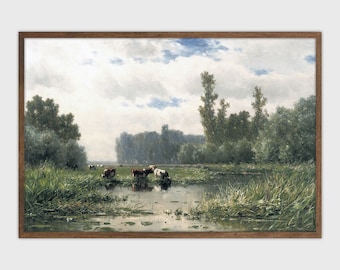 Cows in Field Vintage Landscape Painting: Farmhouse Cottage Wall Art (Digital Download)