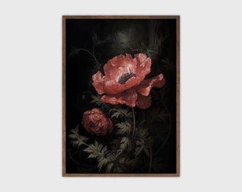 Moody Vintage Flower Print Dark Floral Still Life Pintura al óleo Imprimible Arte antiguo digital