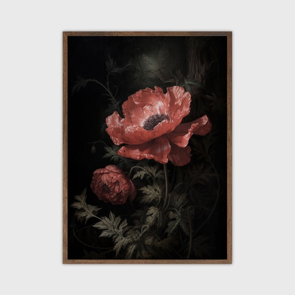 Moody Vintage Flower Print Dark Floral Still Life Oil Painting Printable Digital Antique Art