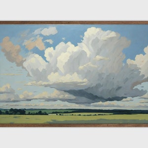 May include: A painting of a large, fluffy white cloud in a blue sky over a green field. The cloud is casting a shadow on the field.