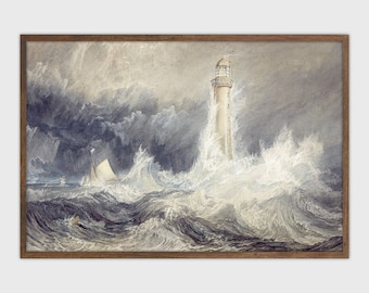 Impresión de paisaje marino antiguo Pintura de faro vintage Impresión de arte oceánico imprimible digital