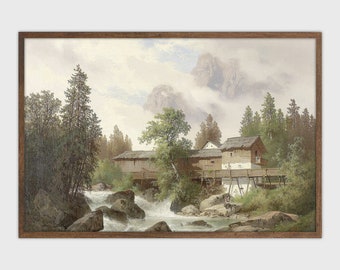 Vintage schilderij Oostenrijkse Alpen: afdrukbare kunst berglandschap (digitale download)