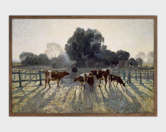 Vintage Cows in Field Painting: Farmhouse Landscape Art (Digital Download)