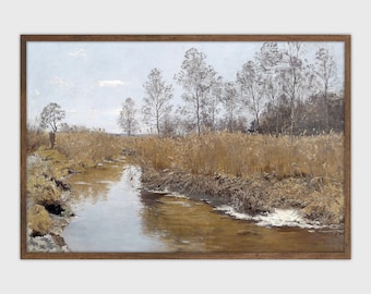 Fluss Landschaft Gemälde Vintage Land Art Print Digital druckbare Wandkunst