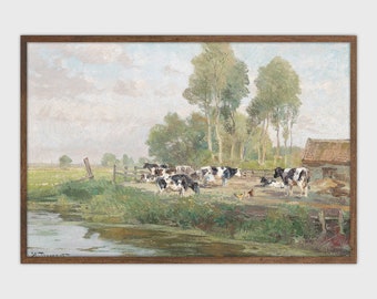 Cows in Field Vintage Painting: Farmhouse Landscape Art (Digital Download)