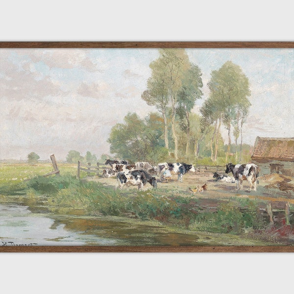 Cows in Field Print Modern Farmhouse Decor Vintage Painting Landscape Wall Art Cottage Wall Decor