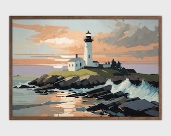 Lighthouse Sunset Painting: Coastal Nautical Wall Art (Instant Download)