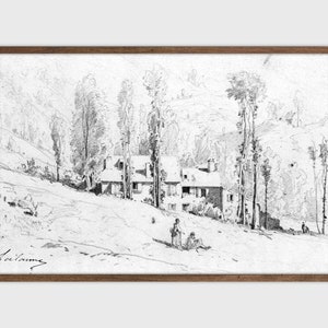 Antique Village Sketch Vintage Drawing Etching Home Decor PRINTABLE
