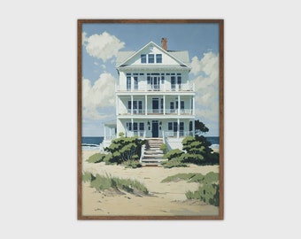 Strandhuis schilderij Vintage kustprint Pastel gedempt wanddecor