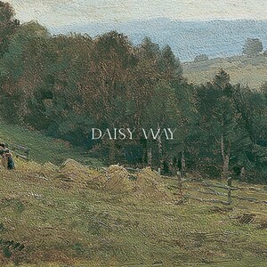 May include: A painting of a rural landscape with a rolling green hill, a wooden fence, and a group of trees in the background. The text "DAISY WAY" is written in white letters on the hill.