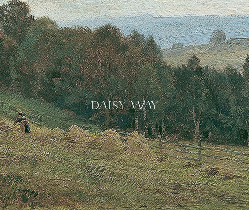 May include: A painting of a rural landscape with a rolling green hill, a wooden fence, and a group of trees in the background. The text "DAISY WAY" is written in white letters on the hill.