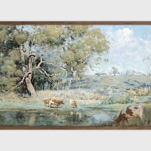 Lake Landscape Painting Vintage Art Print Cows Printable Wall Decor