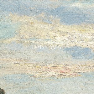 May include: A painting of a sky with clouds in shades of blue, white, and yellow. The clouds are painted with a textured brushstroke, giving the painting a soft, dreamy feel.