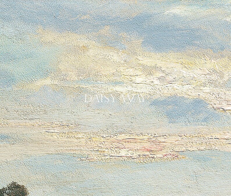 May include: A painting of a sky with clouds in shades of blue, white, and yellow. The clouds are painted with a textured brushstroke, giving the painting a soft, dreamy feel.
