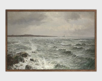 Moody Coastal Vintage Pintura Océano Acantilado Arte Impresión Digital