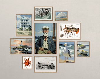 Láminas de pared con paisaje marino vintage: Decoración náutica costera (descarga digital)