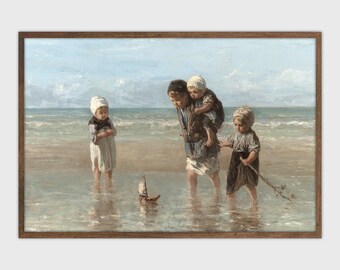 Vintage vivero impresión paisaje marino pintura al óleo niños pintura decoración antiguo horizontal imprimible arte