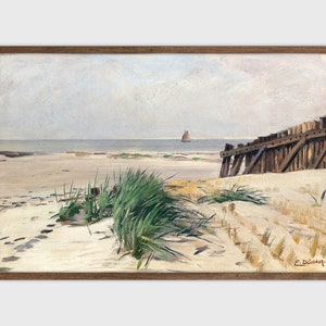 Hazy Beach Seascape Painting Printable Vintage Oil Painting Antique Gallery Wall Art Print Printable Art