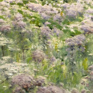 Op de afbeelding: Een aquarel schilderij van een weelderig groen bos met paarse wilde bloemen. De tekst "DAISY WAY" staat in het midden van de afbeelding.