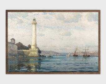 Impresión de paisaje marino antiguo Pintura de faro vintage Impresión de arte oceánico imprimible digital