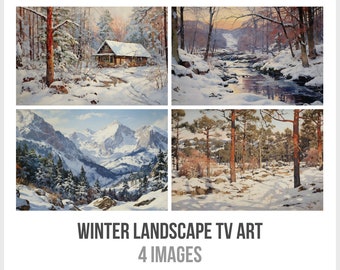 Rustic Winter Landscape Frame TV Art Bundle - Cozy Cabin, Snowy Mountains, Holiday Vibes
