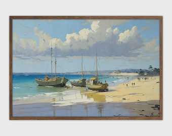 Vintage Fishing Boats on Beach Painting, Coastal Wall Art, Nautical Decor, Instant Download Print