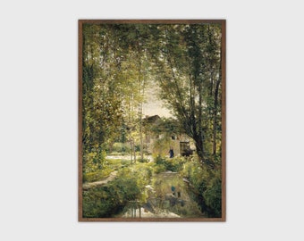 Arte imprimible de la impresión del paisaje del vintage de la pintura del jardín de verano
